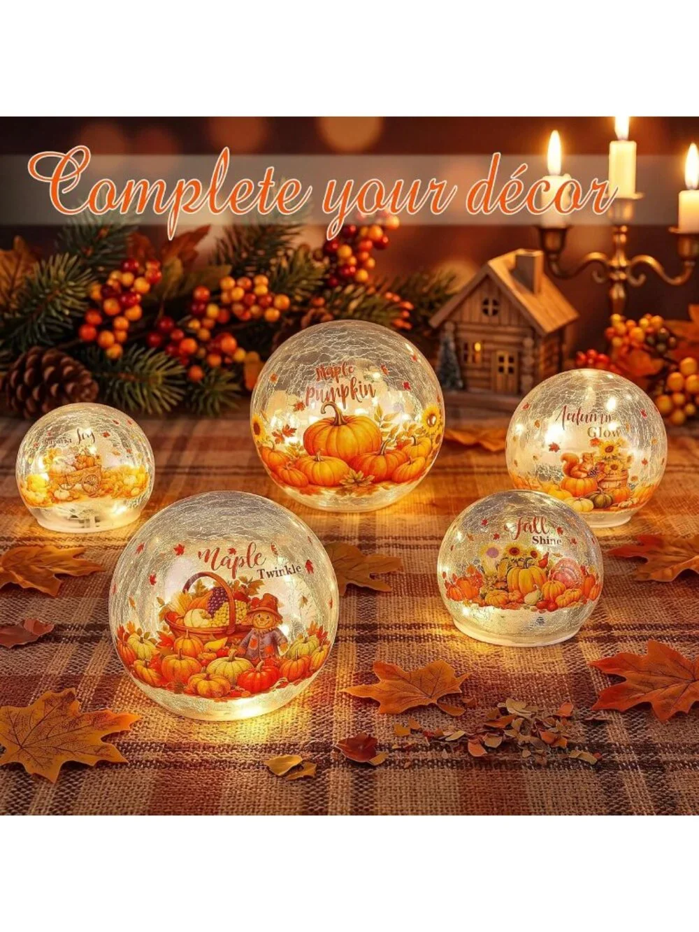 5 Pcs Lighted Crackle Glass Pumpkin Globes - Fall Tabletop Decor for